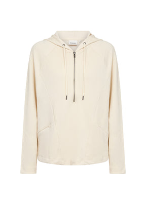 Wasabi Sabina Hoodie in Cream, front view,  hoodie with drawstrings, 1/2 zip, zipped pockets and long sleeves 