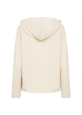 Wasabi Sabina Hoodie in Cream, back view,  hoodie with drawstrings, 1/2 zip, zipped pockets and long sleeves  