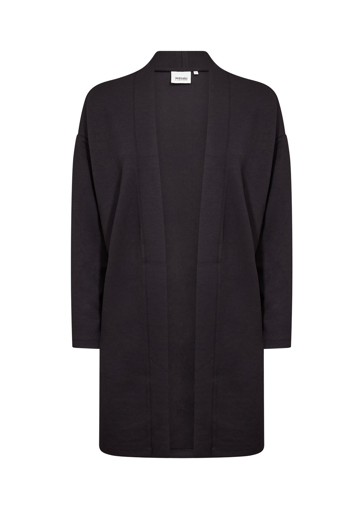 The Wasabi Sabina Pocket Cardigan in Black, a black open-front cardigan coat with long sleeves and a relaxed fit, shown against a plain white background.