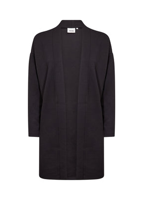 The Wasabi Sabina Pocket Cardigan in Black, a black open-front cardigan coat with long sleeves and a relaxed fit, shown against a plain white background.