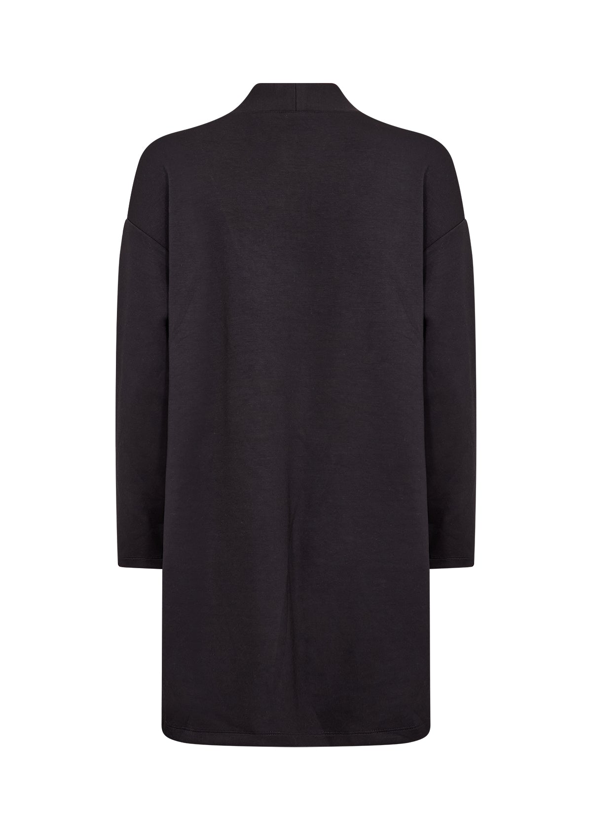The Wasabi Sabina Pocket Cardigan in Black, a black long-sleeve knit sweater with a mock neck, shown from the back on a plain white background.
