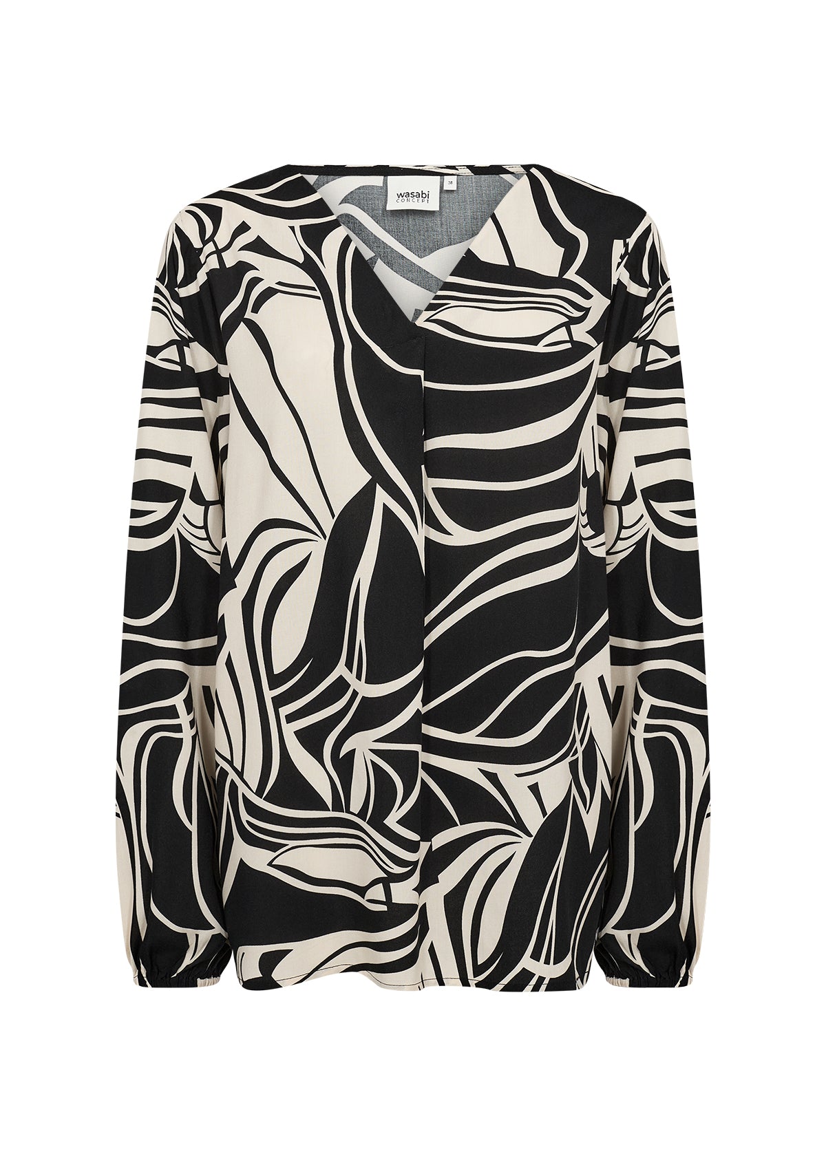 Wasabi Samena Blouse in Black, Front view, V neckline, long sleeves, elasticated cuffs