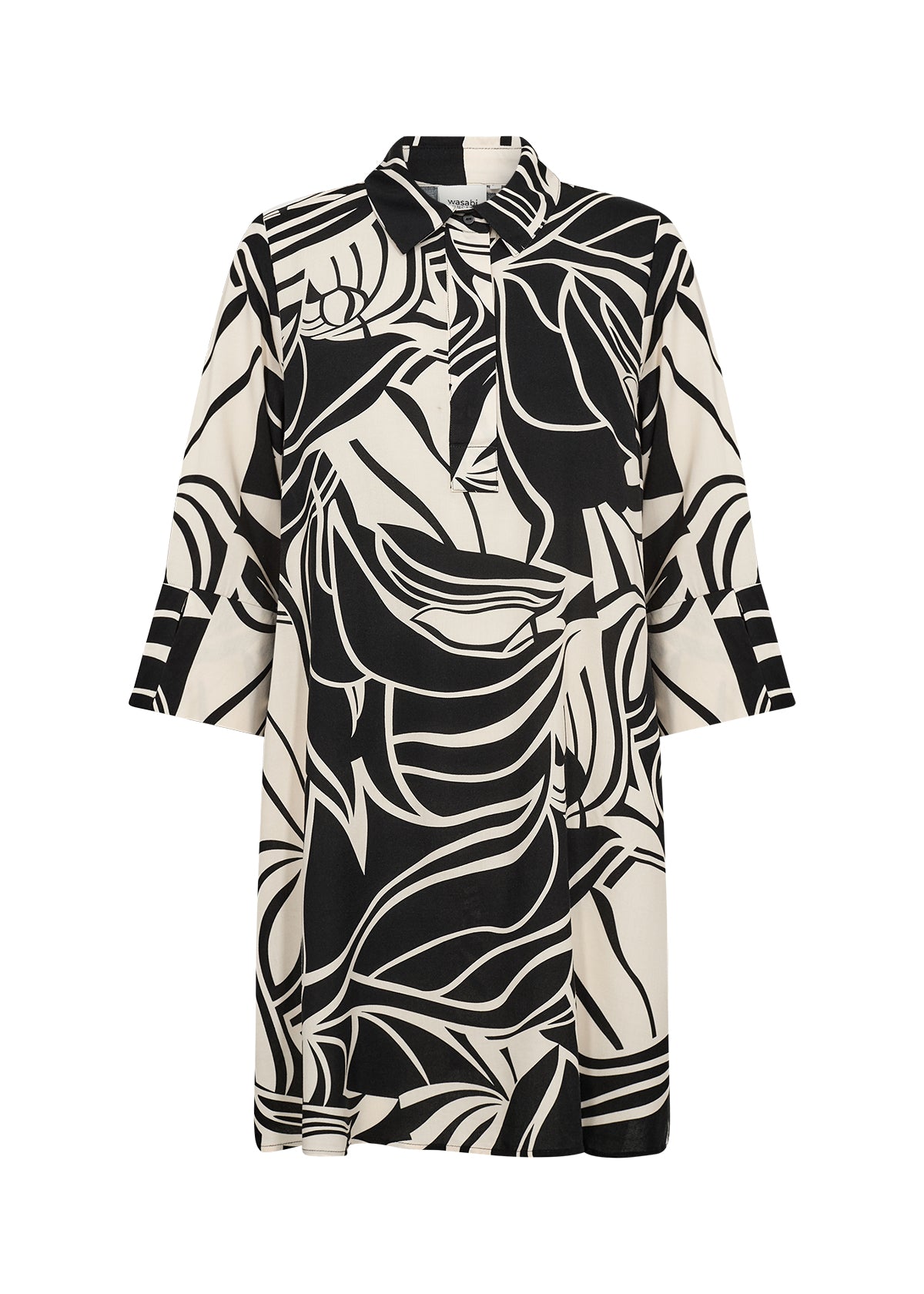 Wasabi Samena Tunic in Black, front view, round neck with a shirt collar, 3/4 length sleeves with a slit at the cuff and an A-line shape