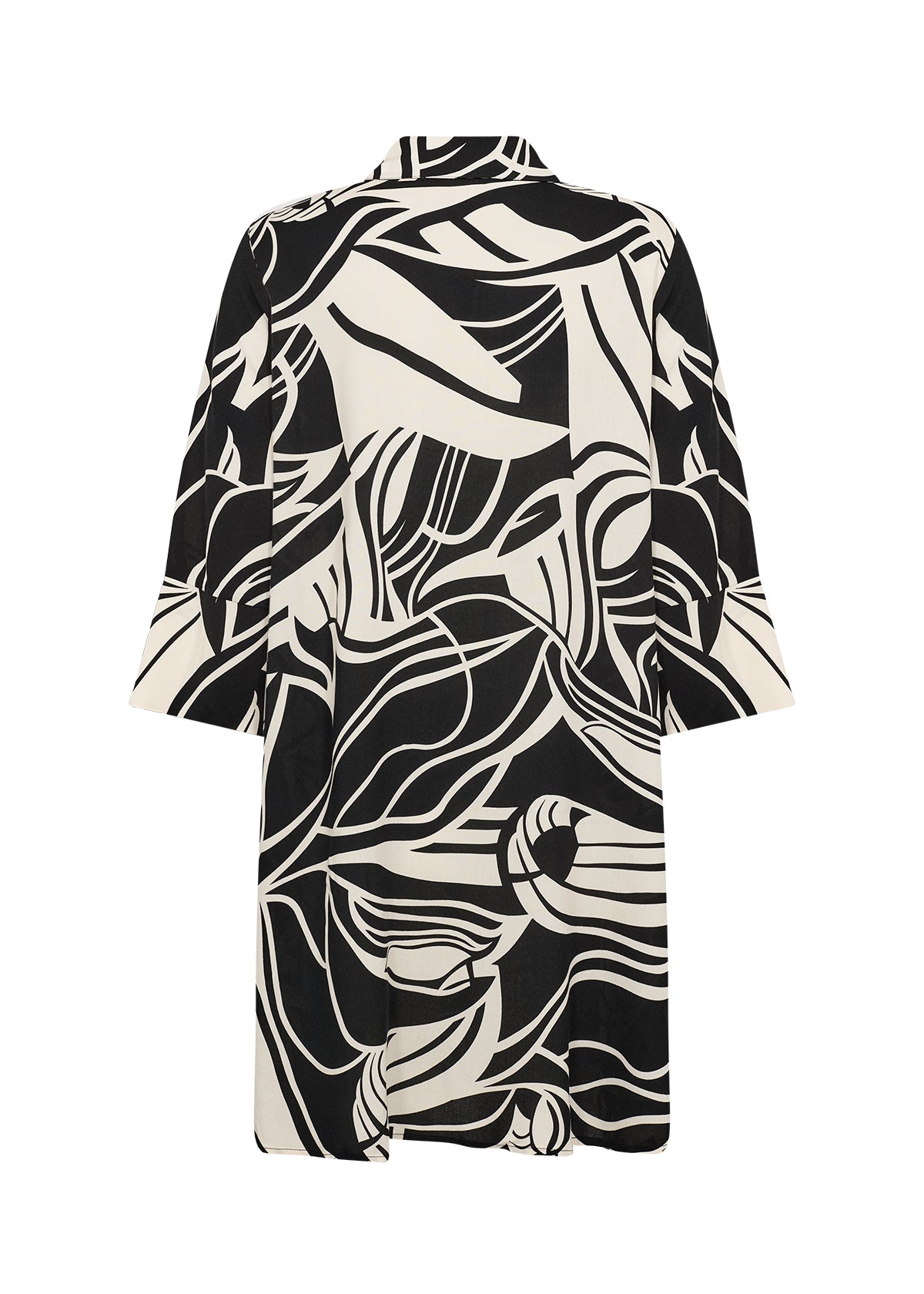 Wasabi Samena Tunic in Black, back view, round neck with a shirt collar, 3/4 length sleeves with a slit at the cuff and an A-line shape