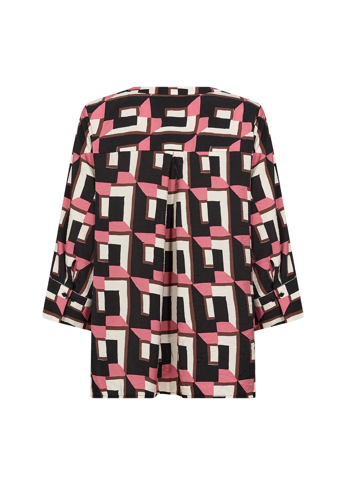 Wasabi Sarena Shirt in Pink, back view, Button down shirt with a V neckline, 3/4 length sleeves and an all over geometric print