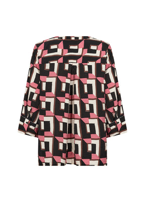 Wasabi Sarena Shirt in Pink, back view, Button down shirt with a V neckline, 3/4 length sleeves and an all over geometric print