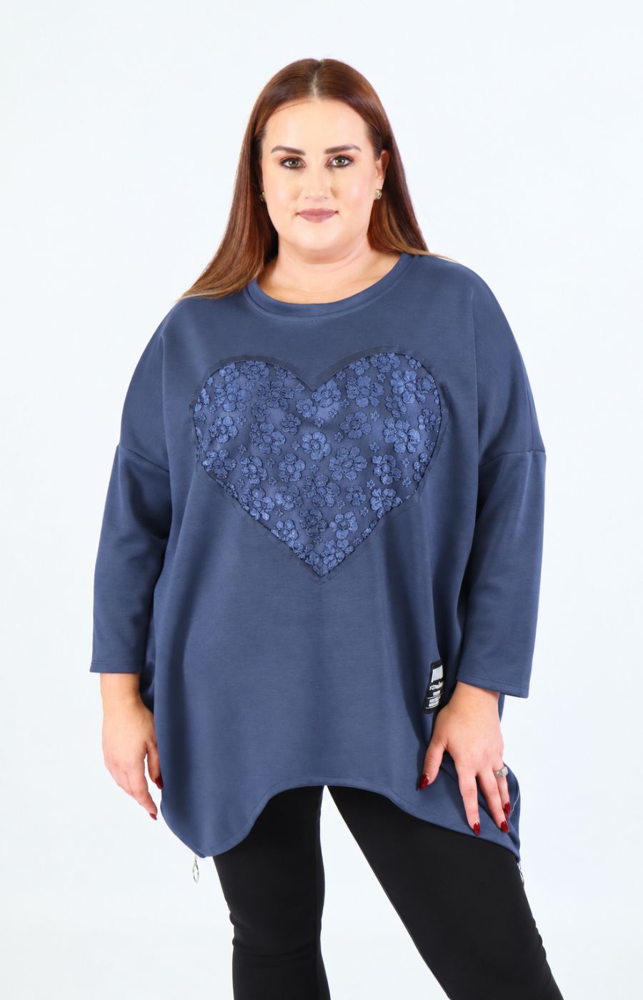 Zara Floral Heart Sweater in Navy. This image was created using AI.