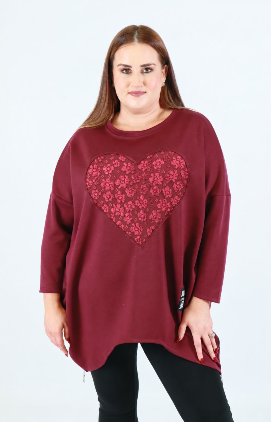 Zara Floral Heart Sweater in Wine. This image was created using AI.