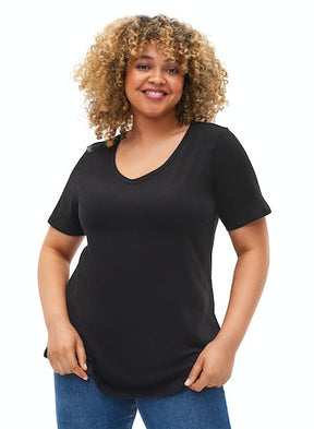 Zizzi Cotton V-Neck Tee Shirt Black