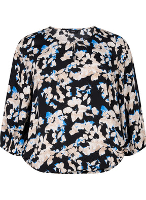 Zizzi Bella Smocked Blouse in Black with Floral Print 