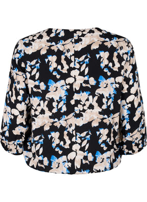 Zizzi Bella Smocked Blouse in Black with Floral Print 