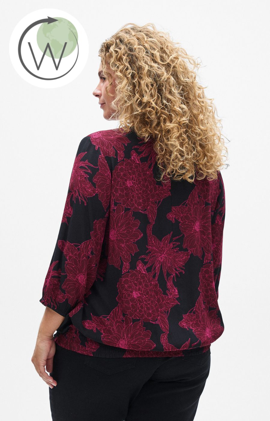 Zizzi Bella Smocked Blouse with Wine Floral Print