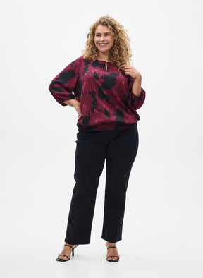 Zizzi Bella Smocked Blouse with Wine Floral Print