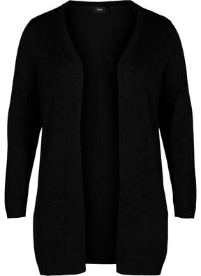 Black long line cardigan with an edge to edge opening and long sleeves on a white background