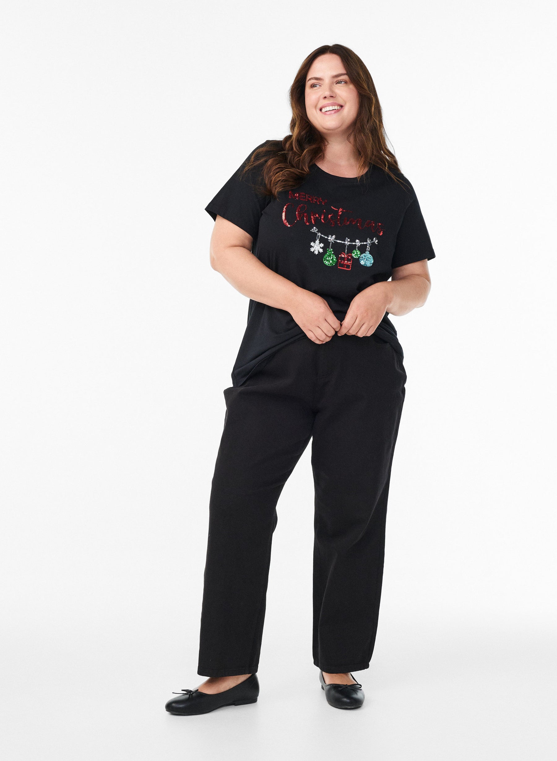 Zizzi Christmas Decoration T-Shirt in Black