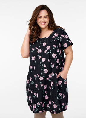 Zizzi Cotton Bubble Dress in Black with Pink Flowers