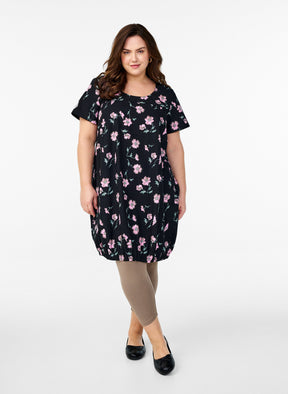 Zizzi Cotton Bubble Dress in Black with Pink Flowers