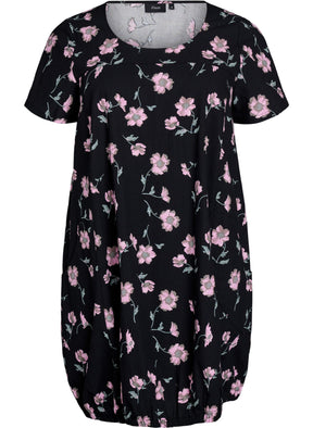 Zizzi Cotton Bubble Dress in Black with Pink Flowers