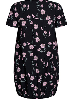 Zizzi Cotton Bubble Dress in Black with Pink Flowers
