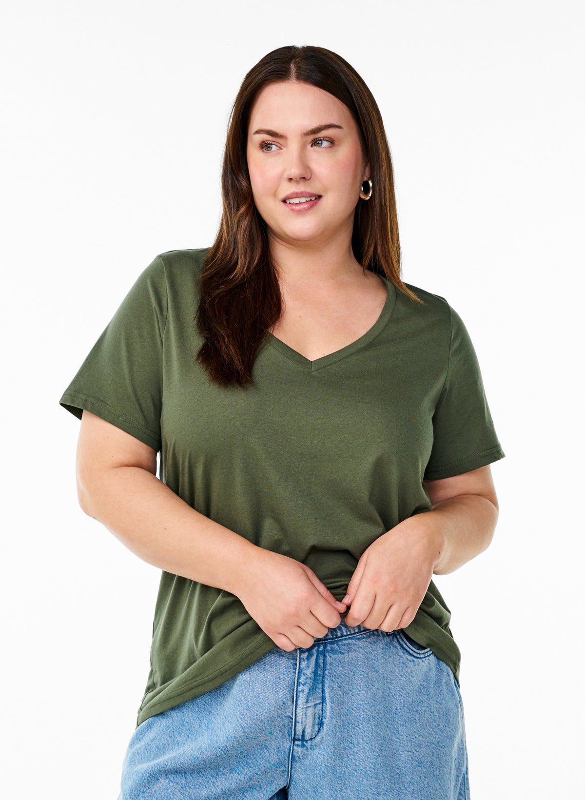 Zizzi Katja V-Neck T-Shirt in Thyme 