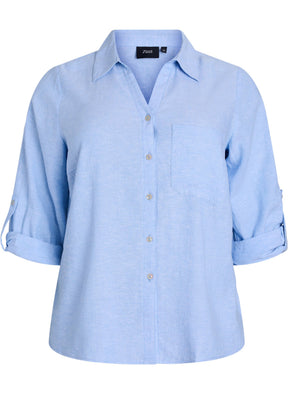 Zizzi Lina Shirt in Blue, front view with rolled sleeves, a collared V neckline and button down front on a white background