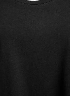 Close-up of the Zizzi Long Sleeve Top in Black, a solid black round neck top, with long sleeves, showing the smooth fabric texture.