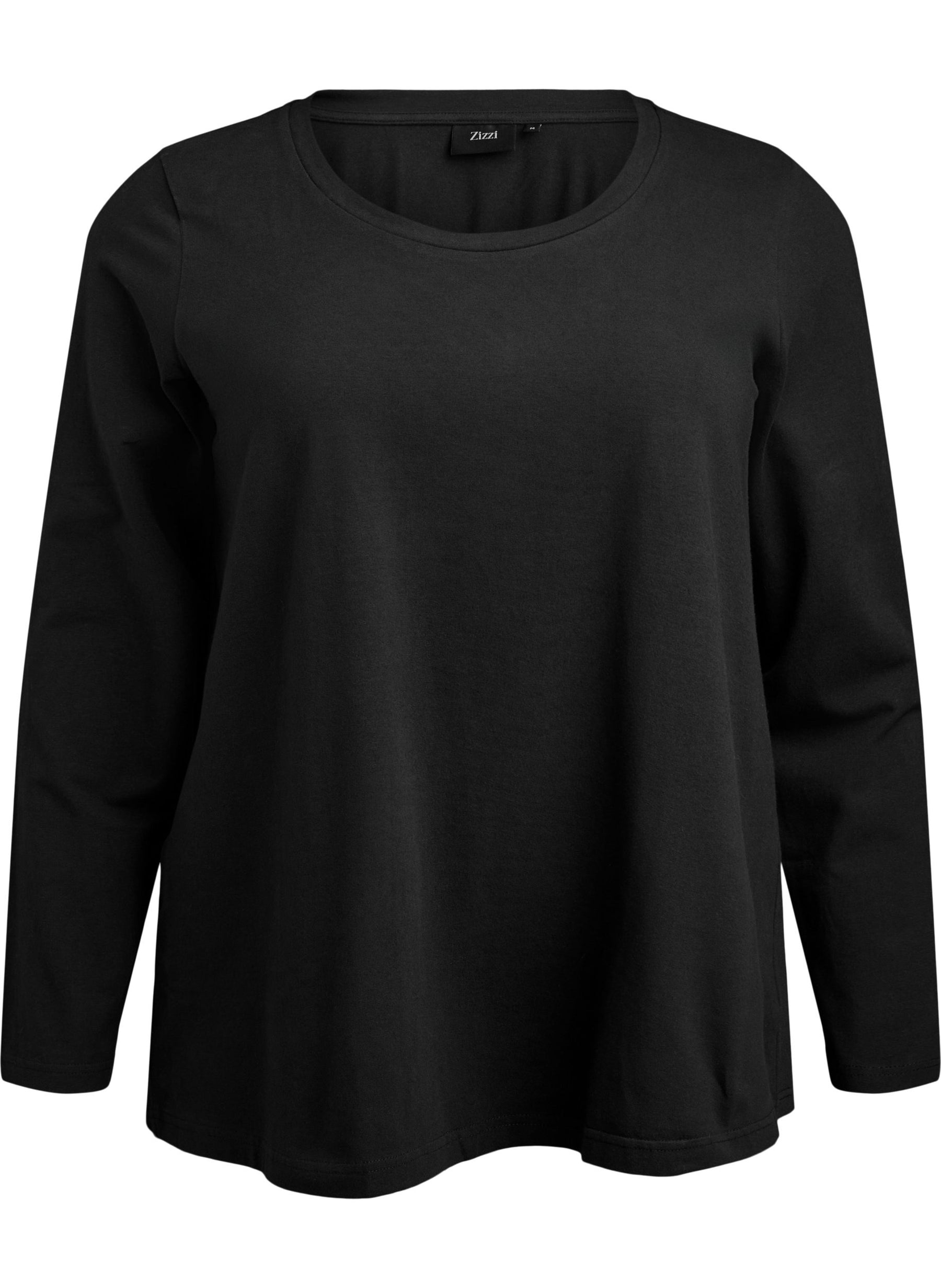 A ghost image of the Zizzi Long Sleeve Top in Black, a black long-sleeve crewneck top with a relaxed, slightly flared silhouette, shown against a plain white background.