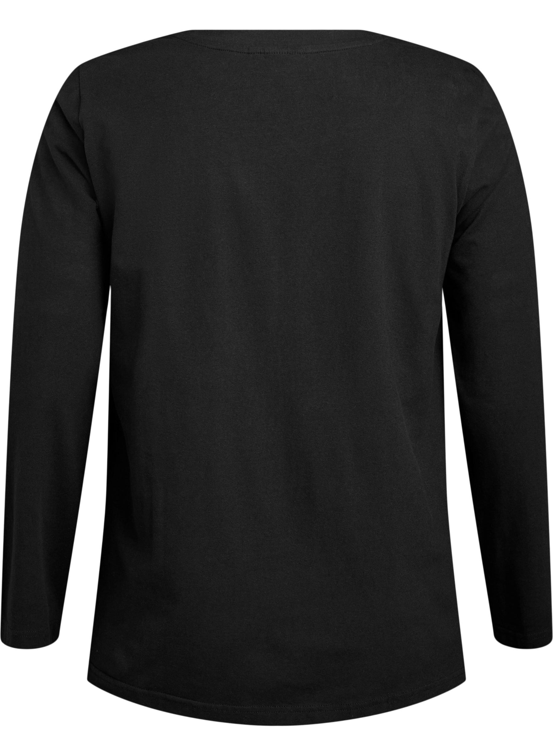 A ghost image of the Zizzi Long Sleeve Top in Black, A black long-sleeve t-shirt shown from the back, photographed against a solid white background.