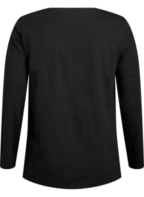 A ghost image of the Zizzi Long Sleeve Top in Black, A black long-sleeve t-shirt shown from the back, photographed against a solid white background.