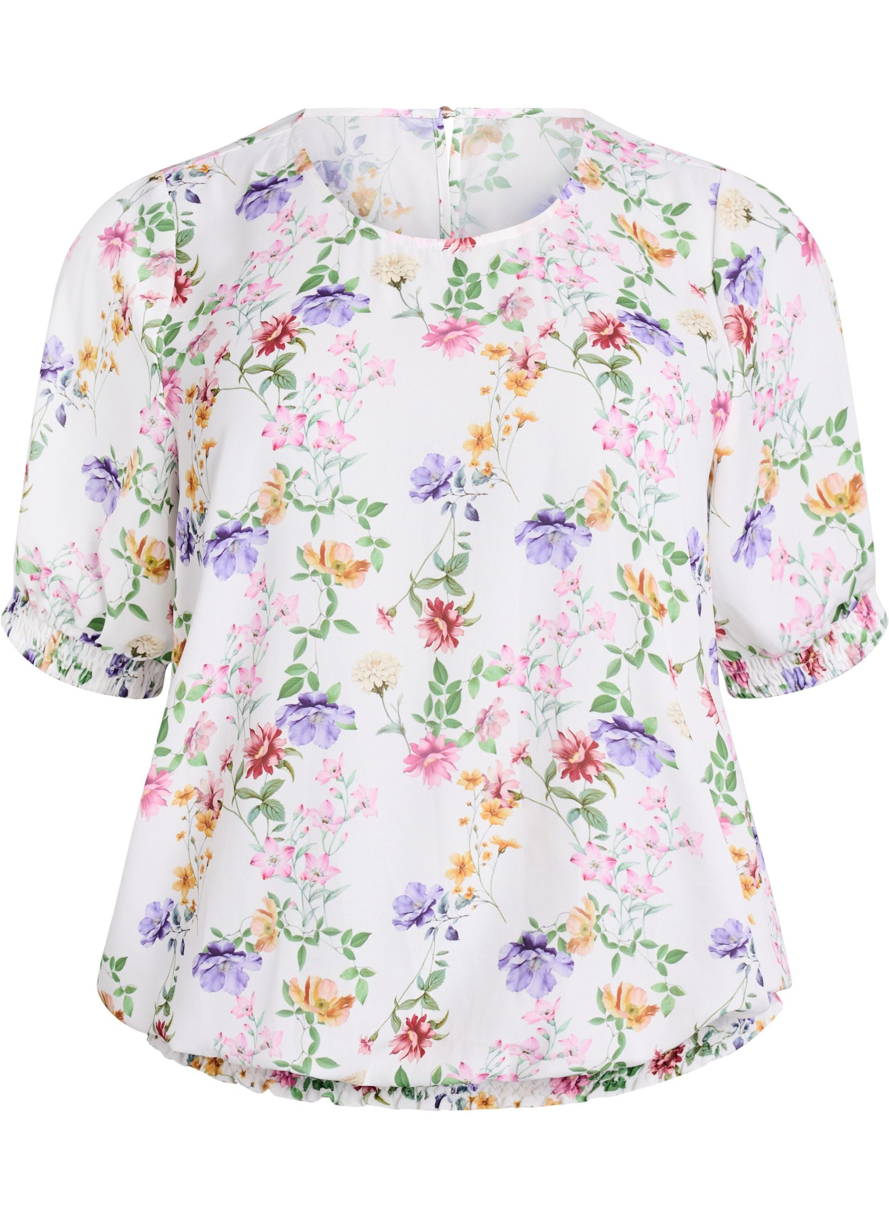 Zizzi Maeve Blouse with Wild Flowers, front view, round neckline, short sleeves, smocked end, all over floral print