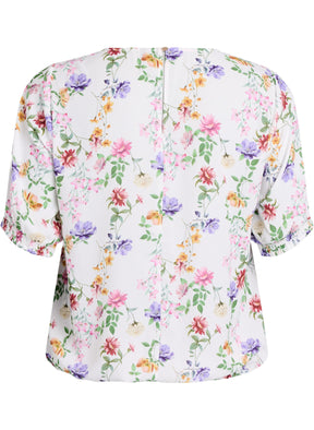 Zizzi Maeve Blouse with Wild Flowers, back view, round neckline, short sleeves, smocked end, all over floral print