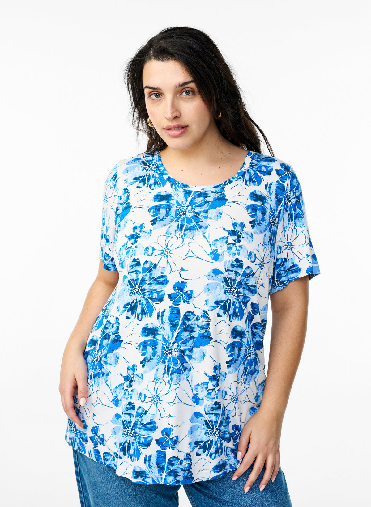 Zizzi Malis White T-Shirt with Blue Flowers