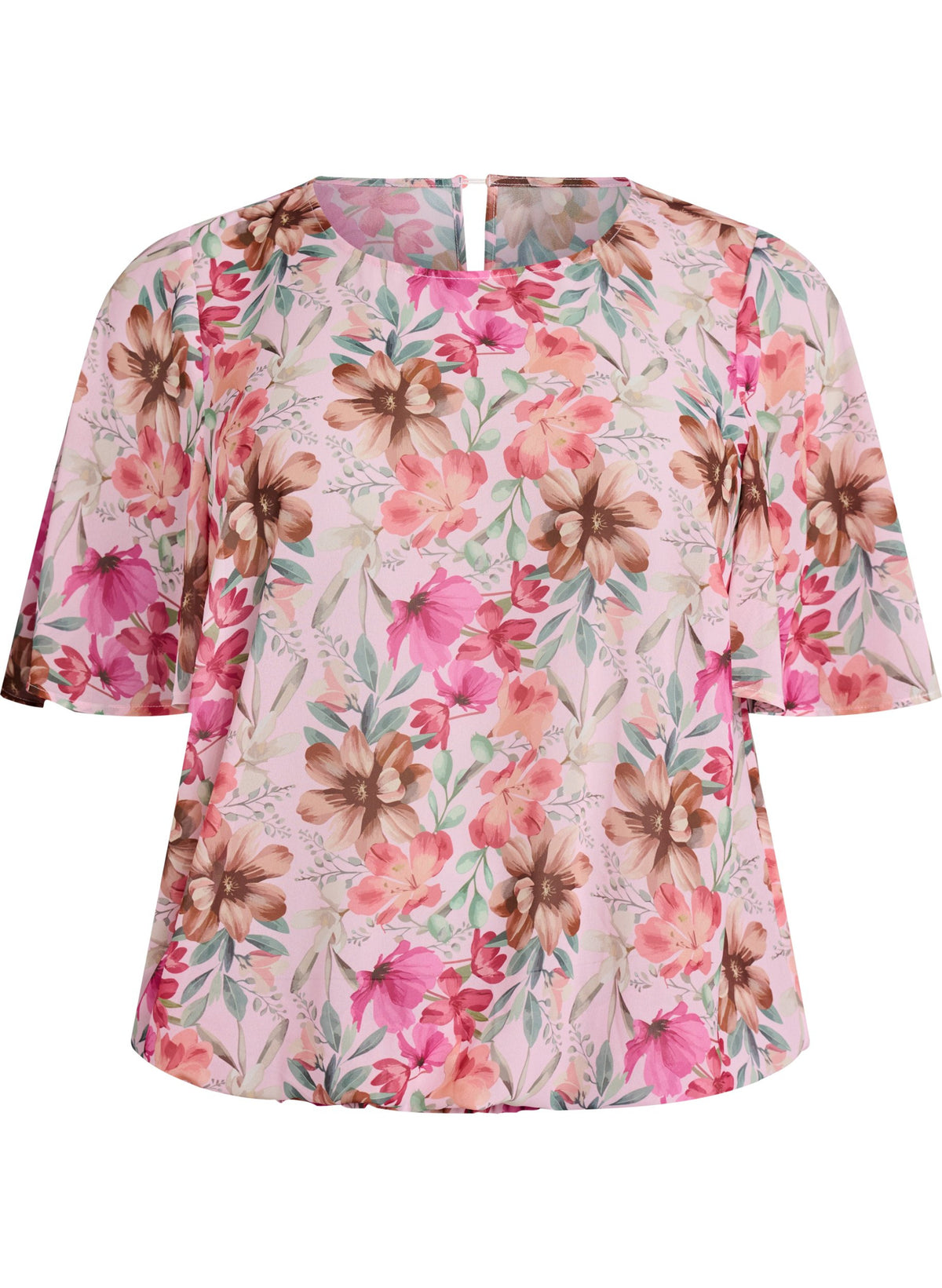 Zizzi Nicole Blouse in Pink, front view, round neckline, button closure to the back, short, loose sleeves, smocked hem and with an all over floral print 