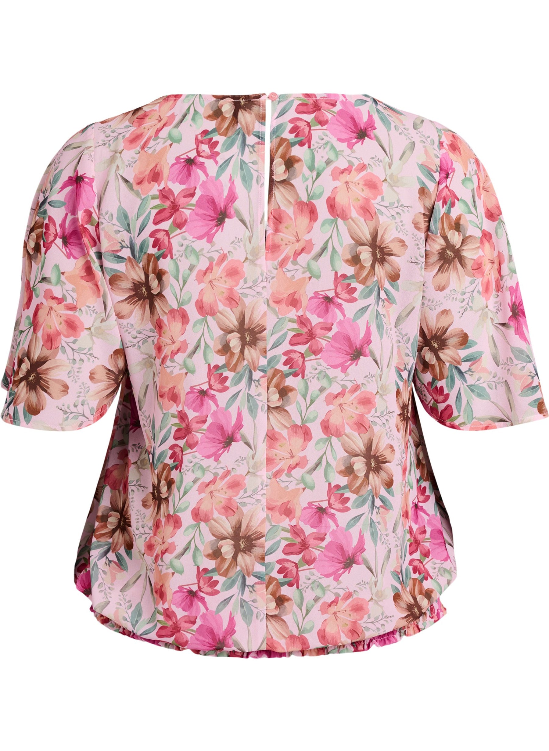 Zizzi Nicole Blouse in Pink, back view, round neckline, button closure to the back, short sleeves, smocked hem and with an all over floral print 
