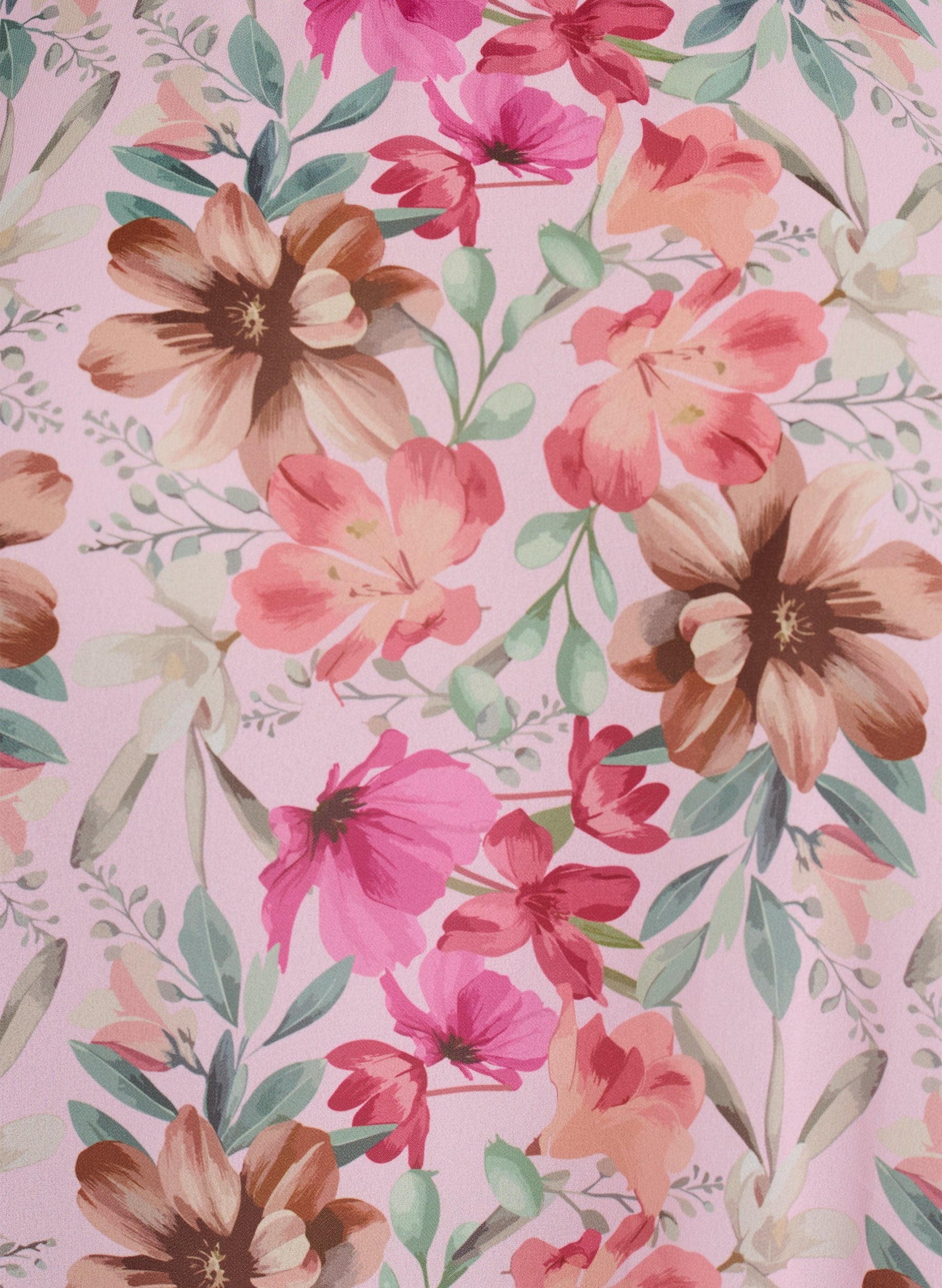 Close up of the floral print on the Zizzi Nicole Blouse in Pink 