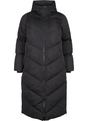 Black puffer coat on a white background