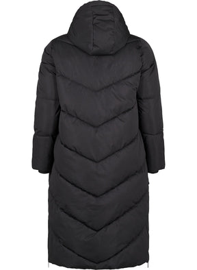 Black puffer coat with a hood on a white background