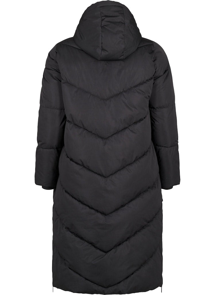 Black puffer coat with a hood on a white background