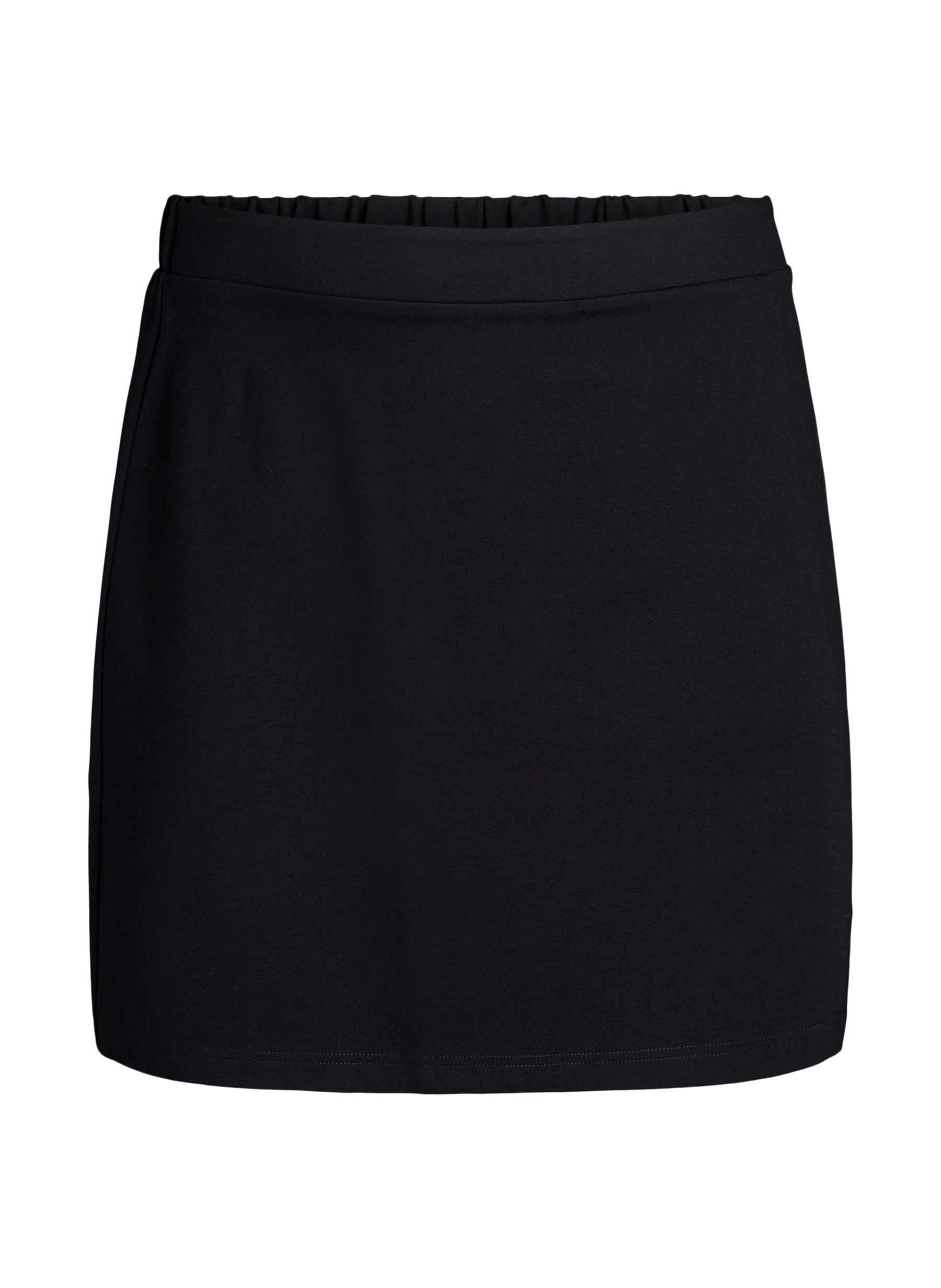 A black athletic mini skirt with an elastic waistband, shown against a plain white background.