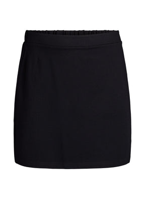 A black athletic mini skirt with an elastic waistband, shown against a plain white background.