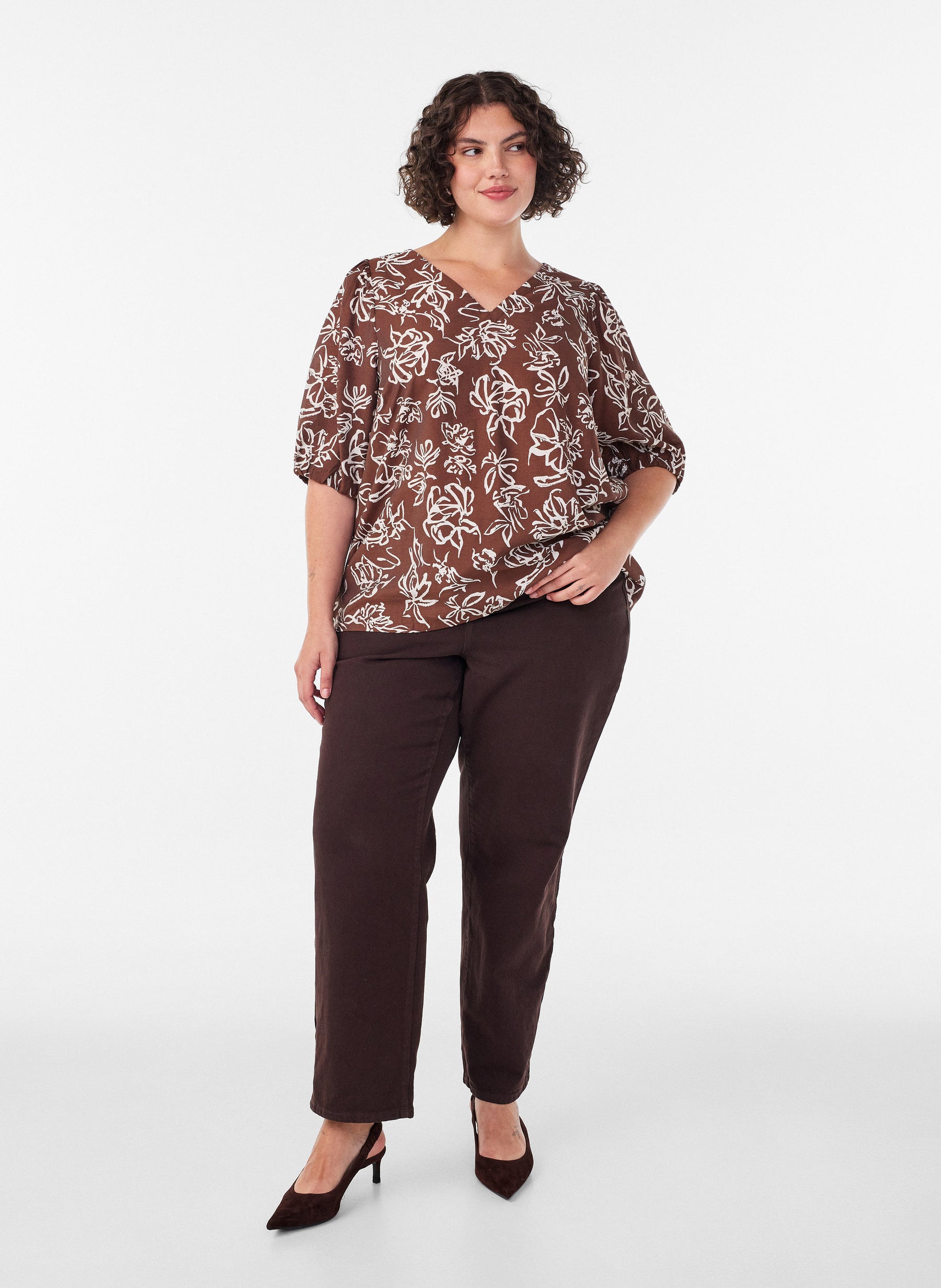 Zizzi Stina Blouse in Brown Flower 