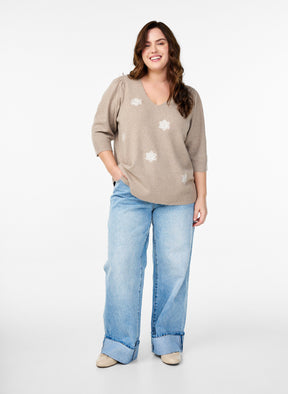 Zizzi Sunny Floral Knit Top in Taupe