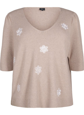 Zizzi Sunny Floral Knit Top in Taupe