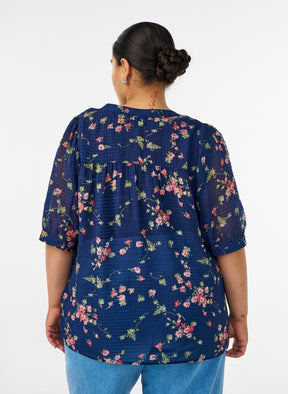 Zizzi Taru Blouse in Navy Blue Flower 