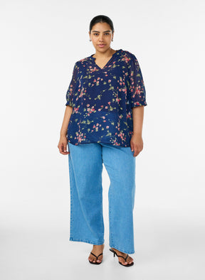 Zizzi Taru Blouse in Navy Blue Flower 