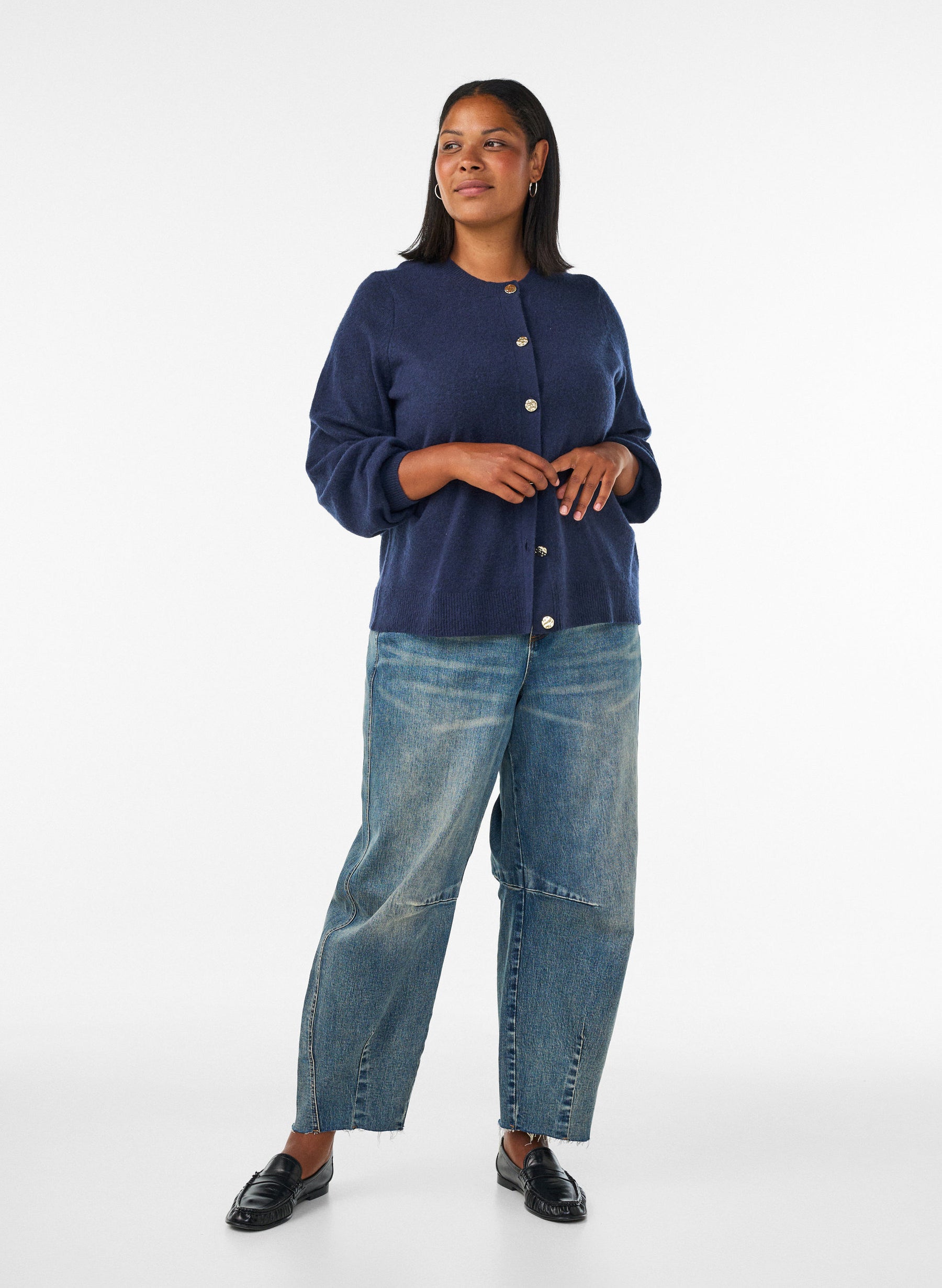 Zizzi Vista Gold Button Cardigan in Navy