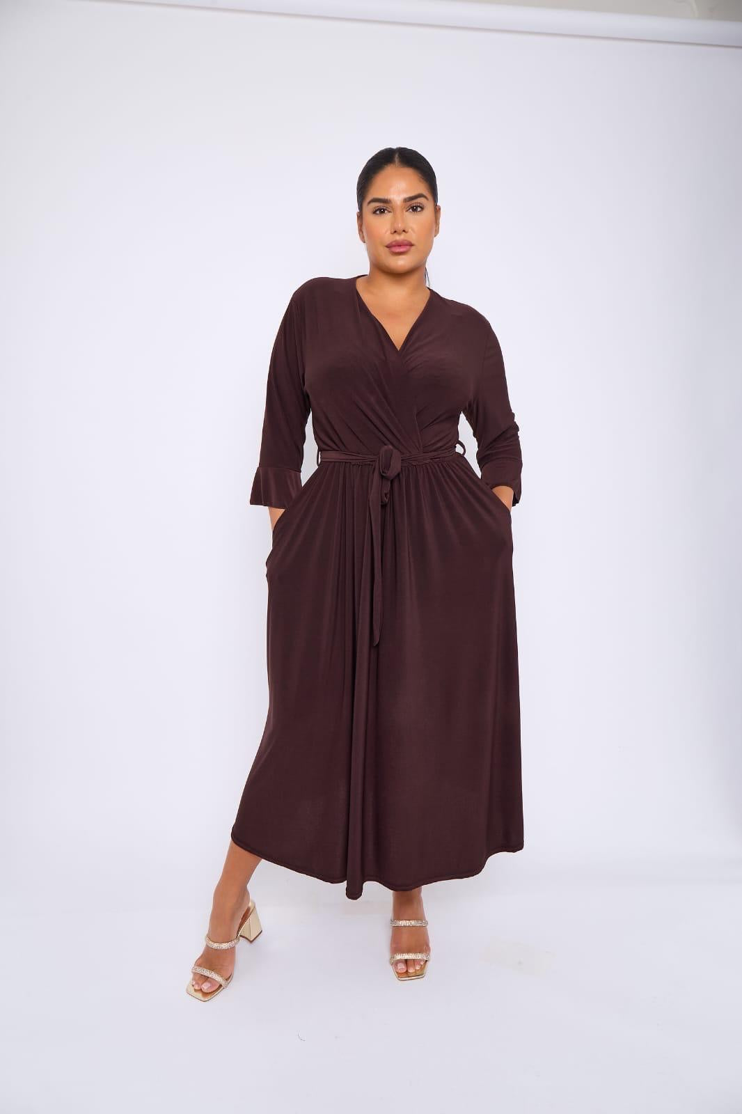 Dani Faux Wrap 3/4 Sleeve Dress in Chocolate