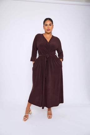 Dani Faux Wrap 3/4 Sleeve Dress in Chocolate