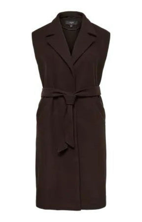 Vero Moda Curve Fortuneaya Long Waistcoat in Brown, a long line waistcoat with a collar and lapels,tie belt closure, side pockets and a rich, deep chocolate brown shade. This image was created using AI.