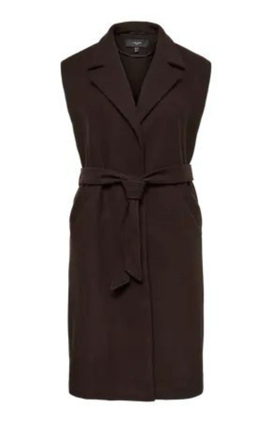 Vero Moda Curve Fortuneaya Long Waistcoat in Brown, a long line waistcoat with a collar and lapels,tie belt closure, side pockets and a rich, deep chocolate brown shade. This image was created using AI.